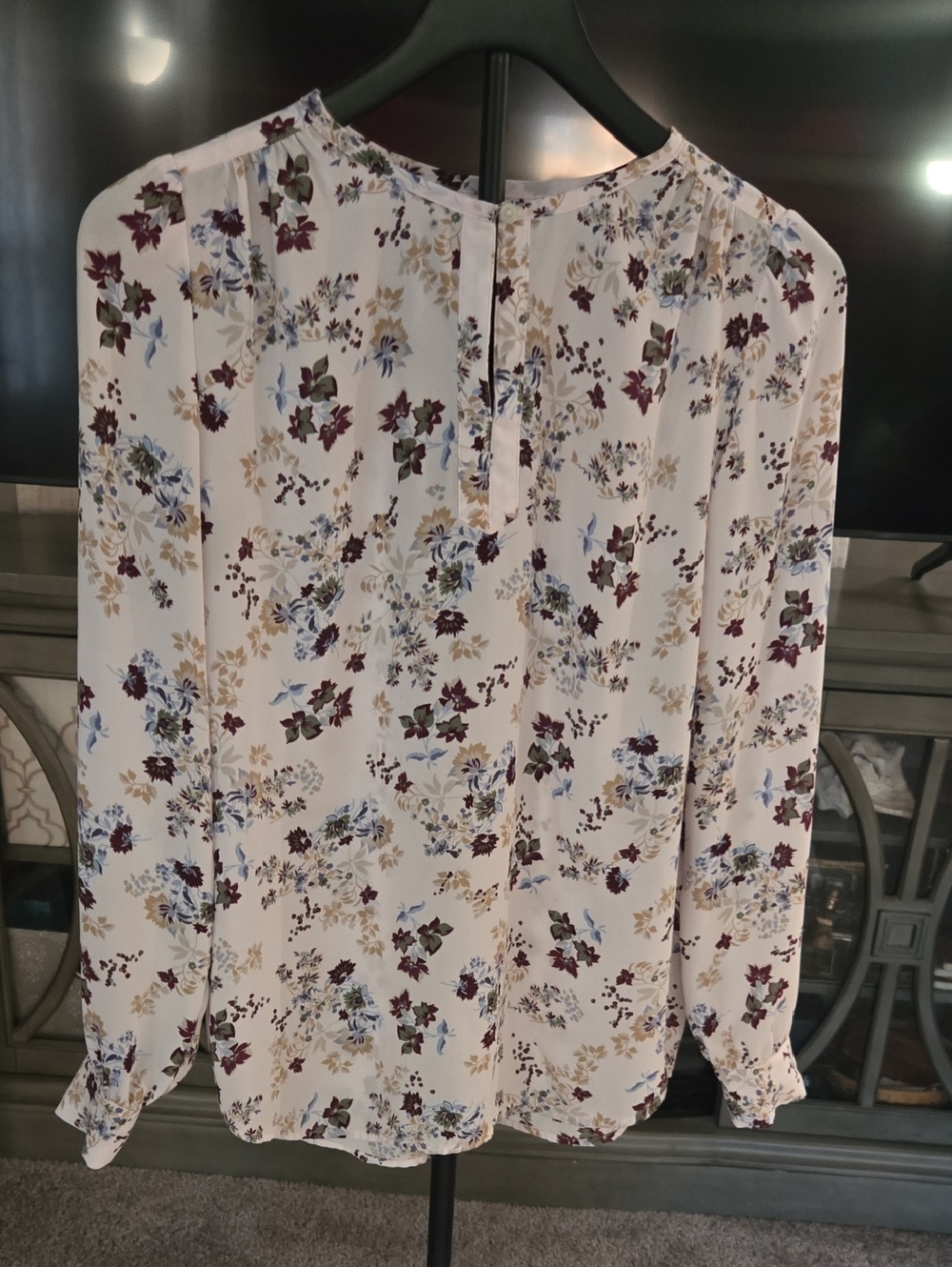 LOFT Cream Floral Long Sleeve Blouse in Blue, Tan & Burgundy